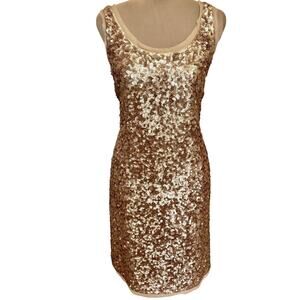 Talbots 100% Silk Gold Sequined Sleeveless Shift Dress Retro Glam Romantic 10P